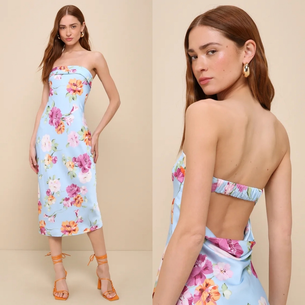 NWOT Lulu's Sophisticated Design Light Blue Floral Strapless Midi Dress